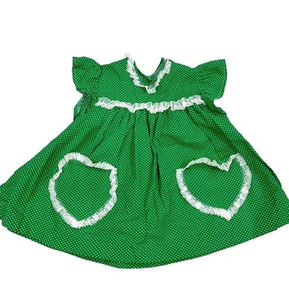 Vintage Handmade Girls Green Polka Dot Spring Dress Lace Trim Front Pockets - Picture 1 of 8